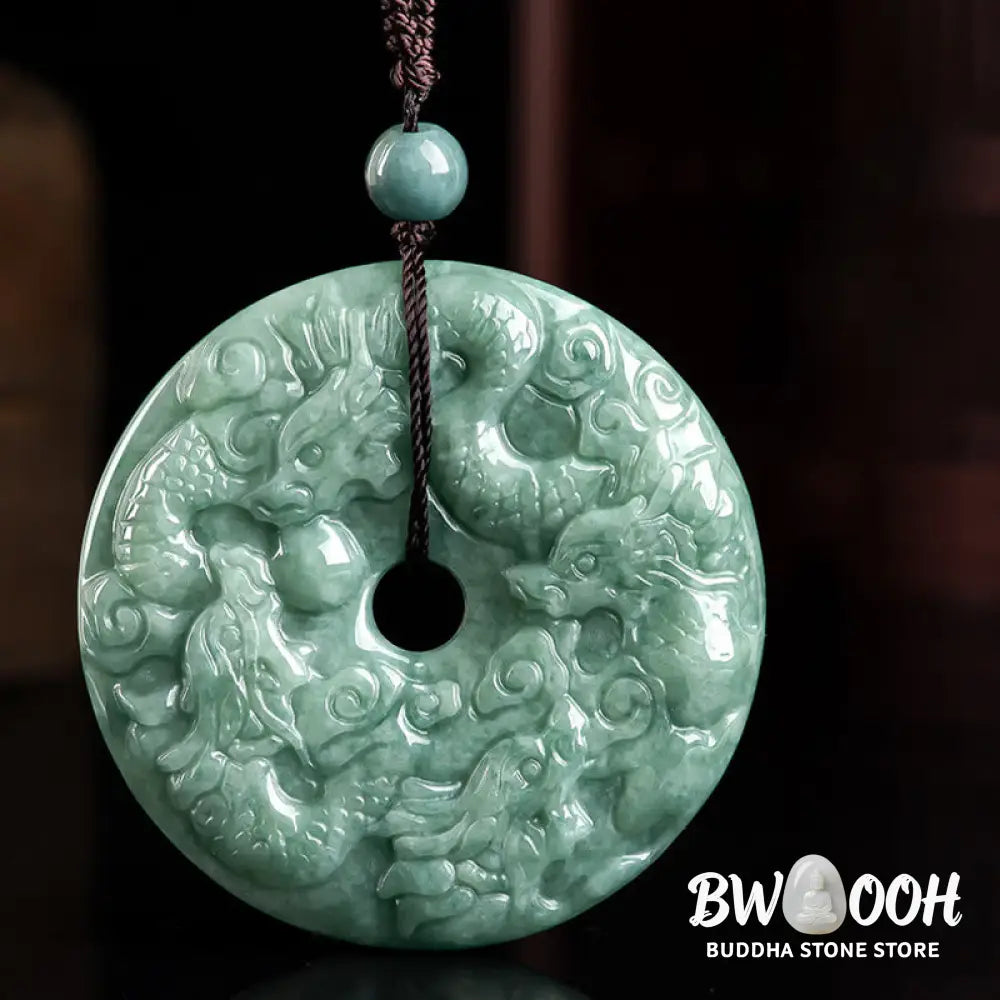 Buddha Stones Year of the Dragon Natural Jade Nine Dragons Peace Buckle Protection Necklace Pendant - BWOOOH