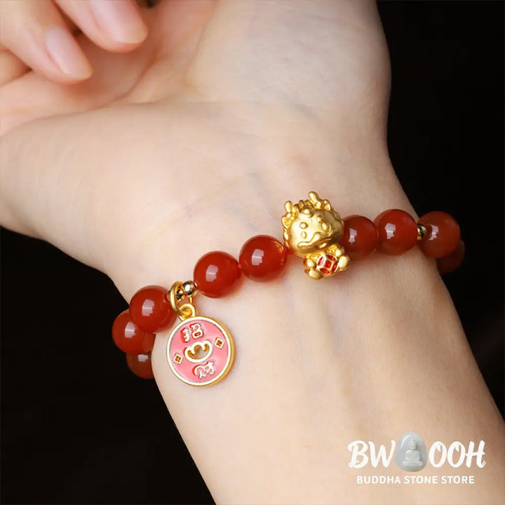 Buddha Stones Year of the Dragon Natural Red Agate Copper Coin Attract Fortune Bracelet - Red