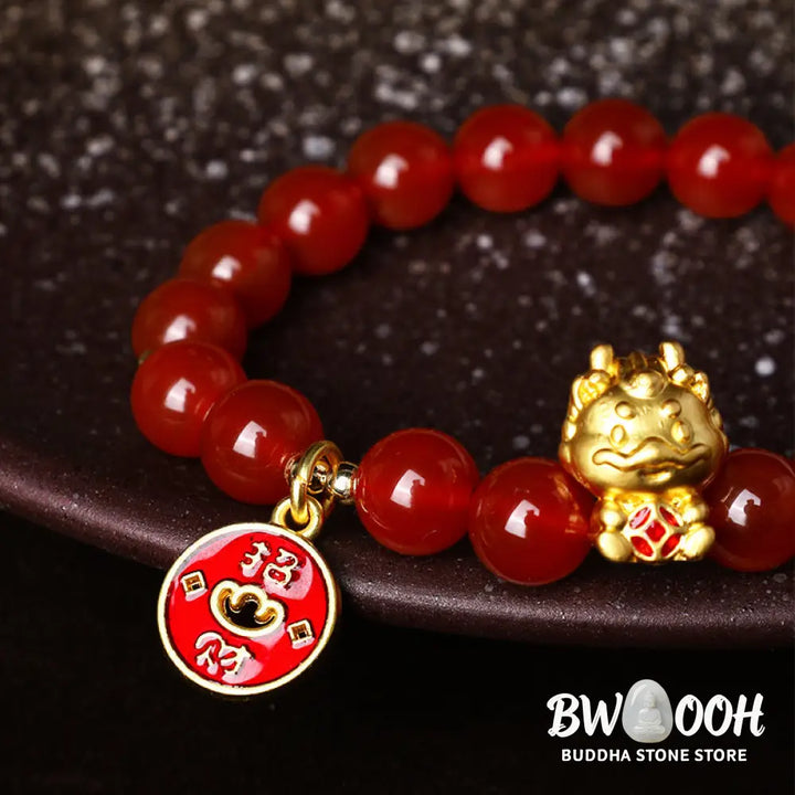 Buddha Stones Year of the Dragon Natural Red Agate Copper Coin Attract Fortune Bracelet - Red