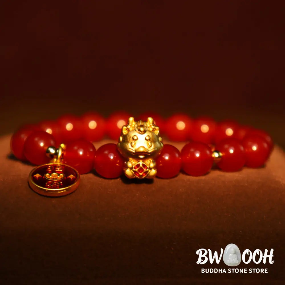 Buddha Stones Year of the Dragon Natural Red Agate Copper Coin Attract Fortune Bracelet - Red
