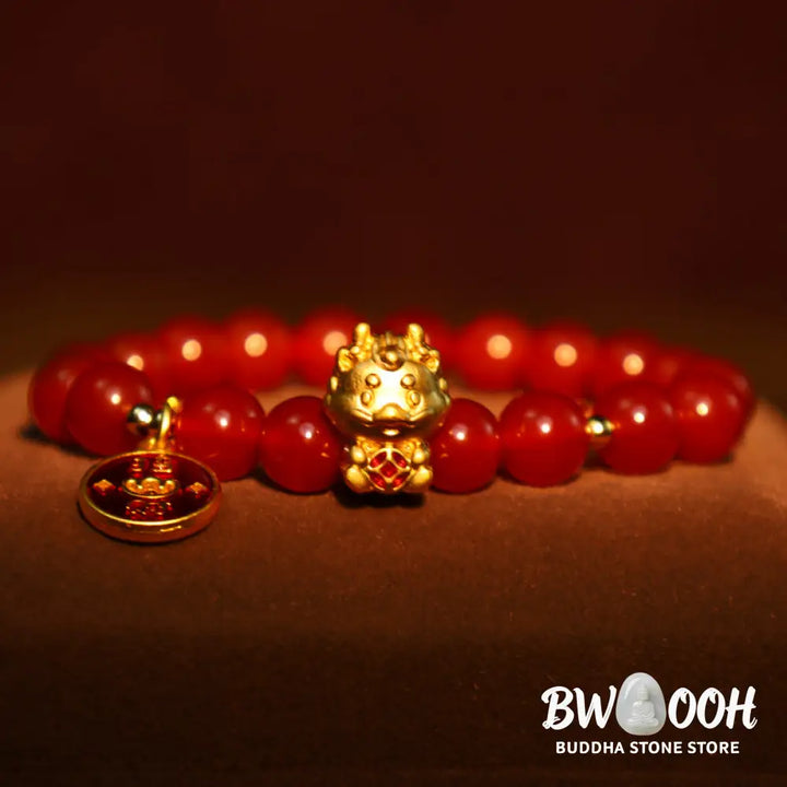 Buddha Stones Year of the Dragon Natural Red Agate Copper Coin Attract Fortune Bracelet - Red