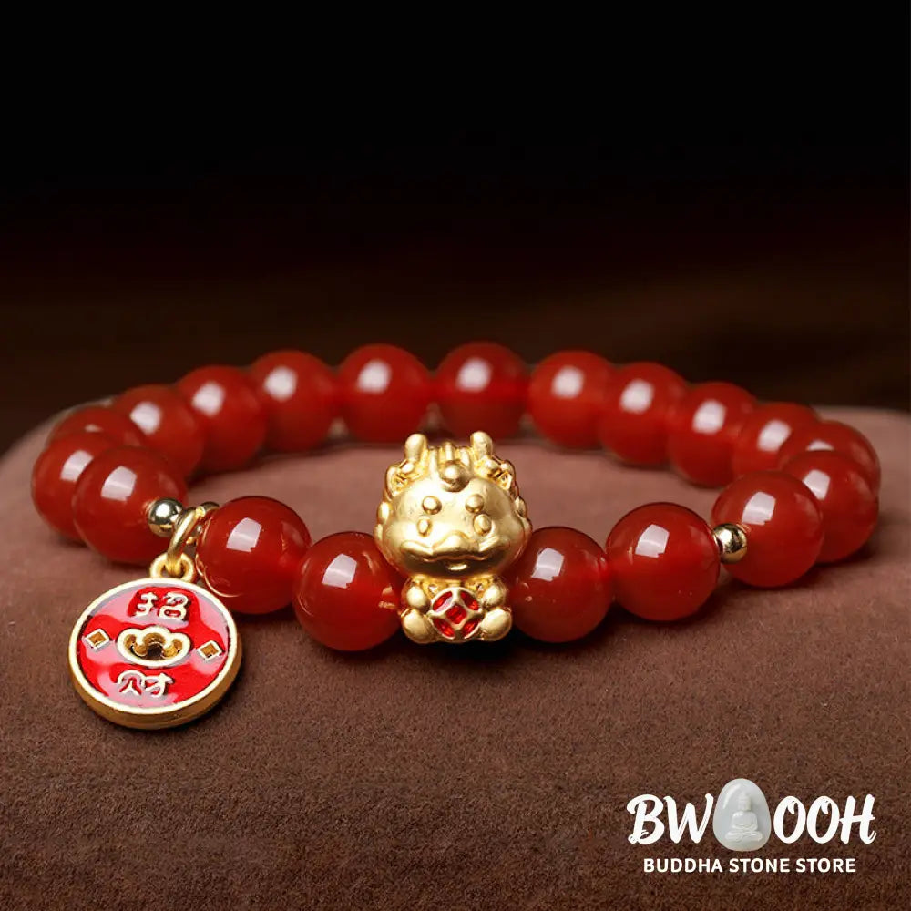 Buddha Stones Year of the Dragon Natural Red Agate Copper Coin Attract Fortune Bracelet - Red