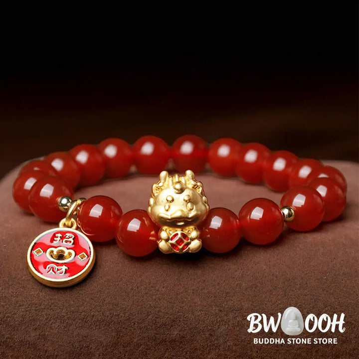 Buddha Stones Year of the Dragon Natural Red Agate Copper Coin Attract Fortune Bracelet - Red