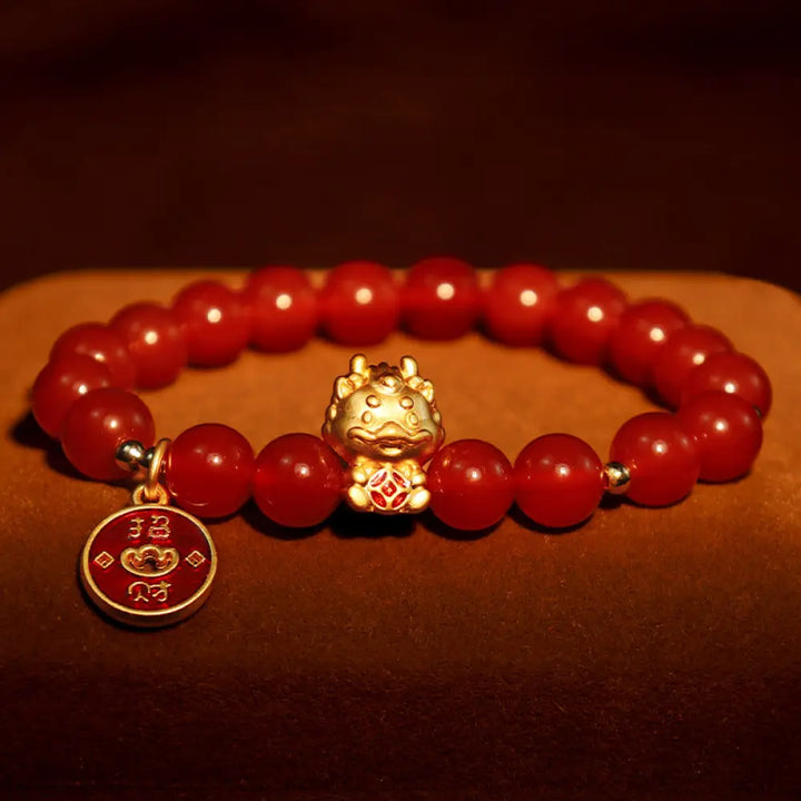 Buddha Stones Year of the Dragon Natural Red Agate Copper Coin Attract Fortune Bracelet - Red