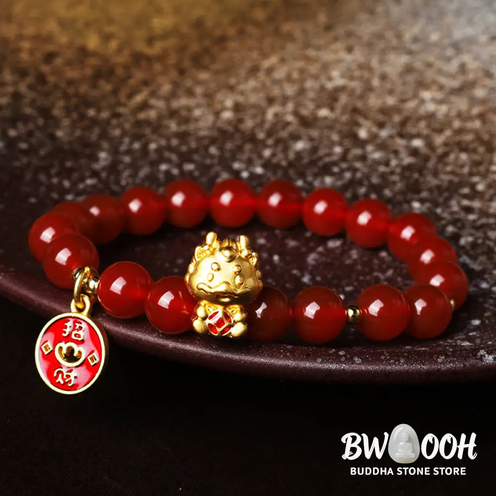 Buddha Stones Year of the Dragon Natural Red Agate Copper Coin Attract Fortune Bracelet - Red