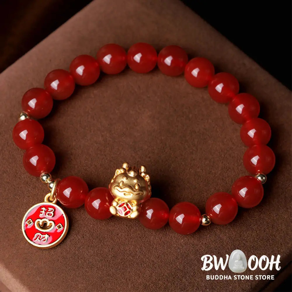 Buddha Stones Year of the Dragon Natural Red Agate Copper Coin Attract Fortune Bracelet - Red