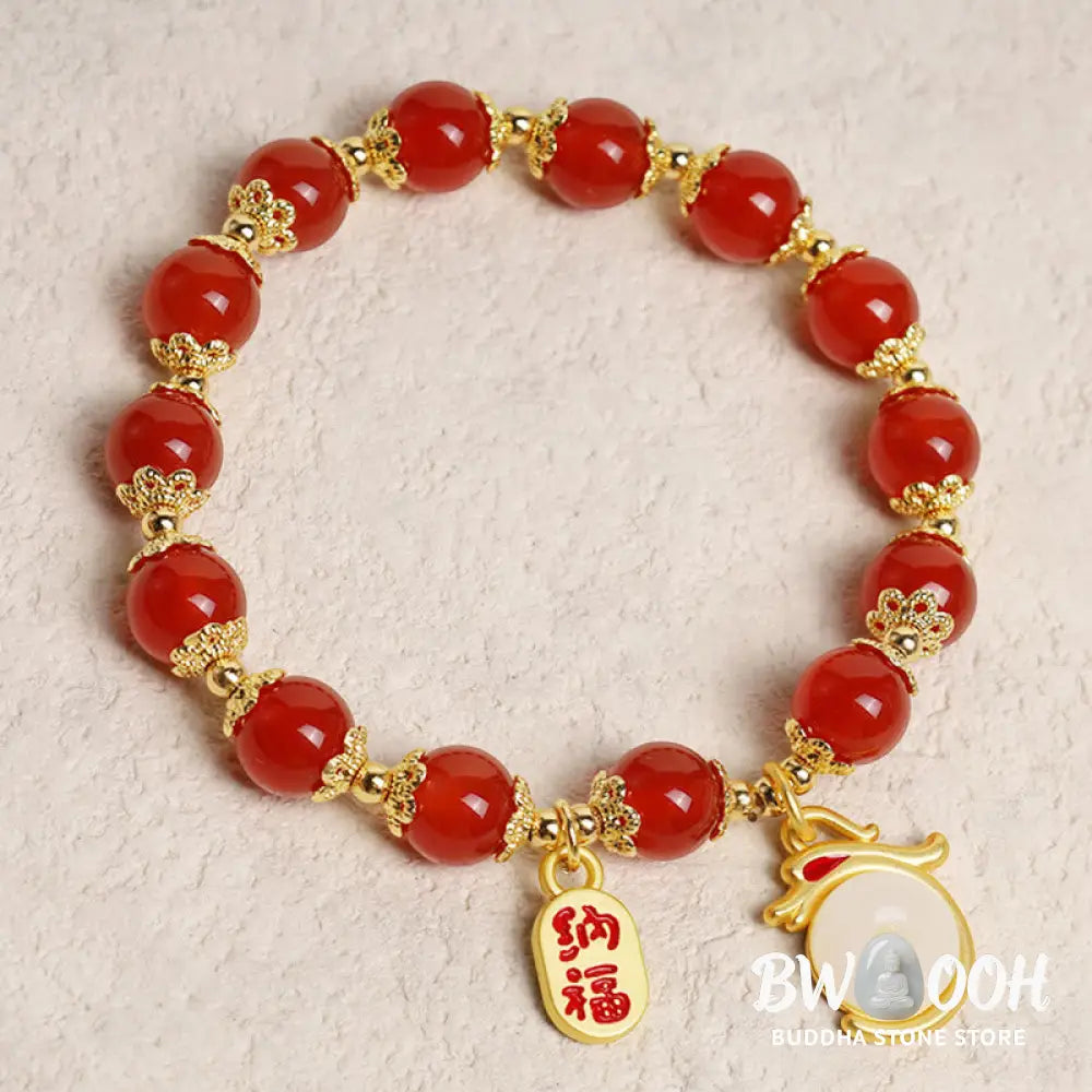 Buddha Stones Year of the Dragon Red Agate Green Aventurine Peace Buckle Fu Character Lucky Fortune Bracelet - BWOOOH