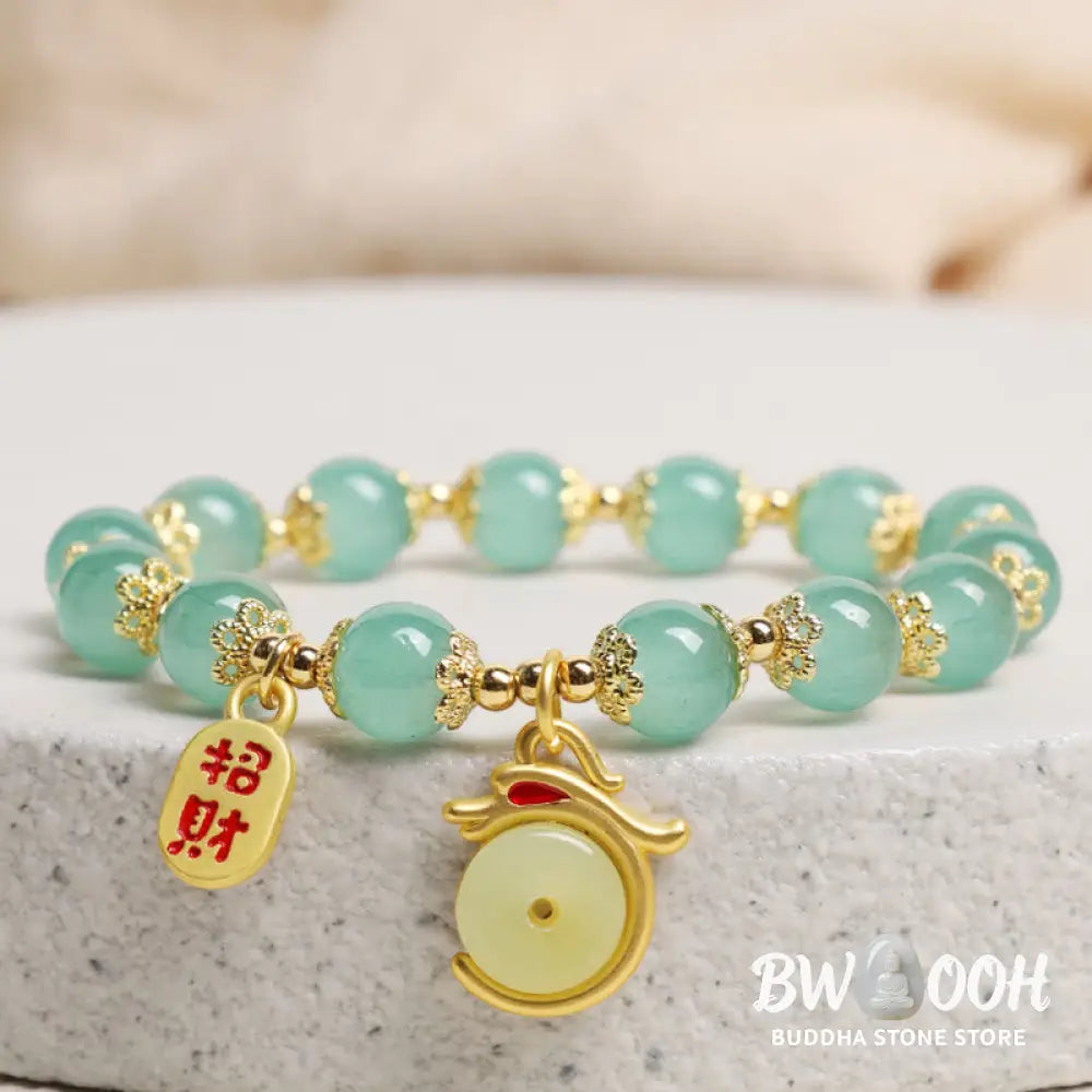 Buddha Stones Year of the Dragon Red Agate Green Aventurine Peace Buckle Fu Character Lucky Fortune Bracelet - BWOOOH