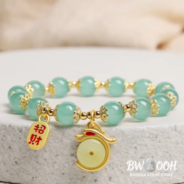 Buddha Stones Year of the Dragon Red Agate Green Aventurine Peace Buckle Fu Character Lucky Fortune Bracelet - BWOOOH