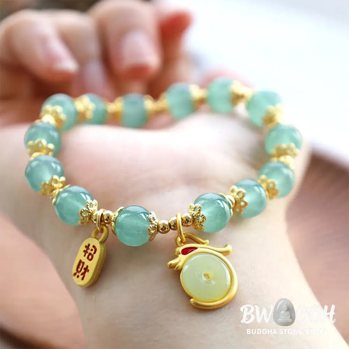 Buddha Stones Year of the Dragon Red Agate Green Aventurine Peace Buckle Fu Character Lucky Fortune Bracelet - BWOOOH