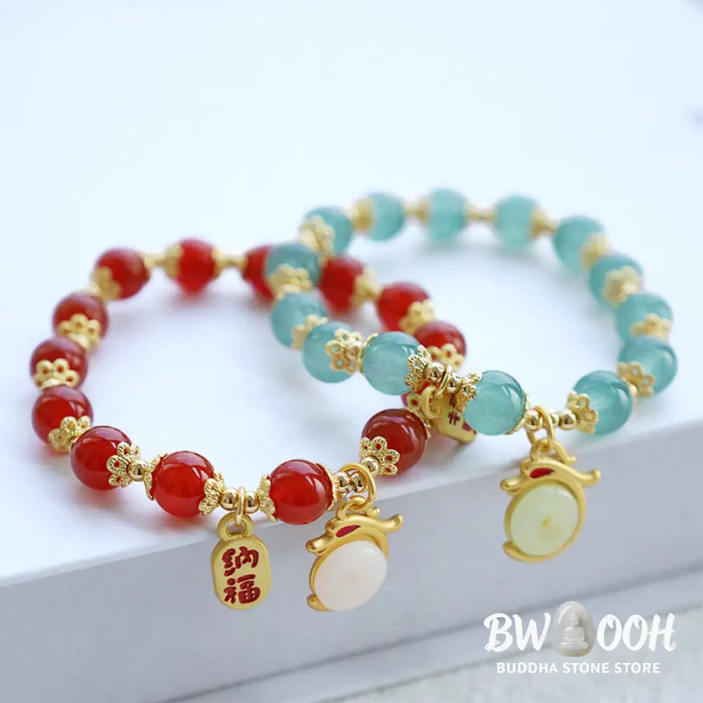 Buddha Stones Year of the Dragon Red Agate Green Aventurine Peace Buckle Fu Character Lucky Fortune Bracelet - BWOOOH