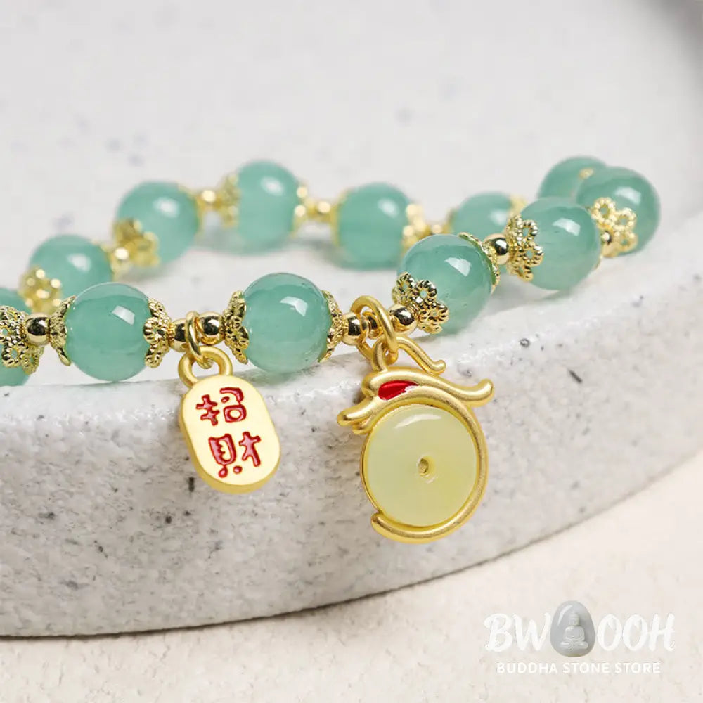 Buddha Stones Year of the Dragon Red Agate Green Aventurine Peace Buckle Fu Character Lucky Fortune Bracelet - BWOOOH