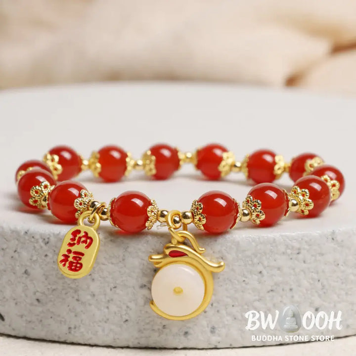 Buddha Stones Year of the Dragon Red Agate Green Aventurine Peace Buckle Fu Character Lucky Fortune Bracelet - BWOOOH