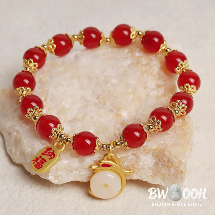 Buddha Stones Year of the Dragon Red Agate Green Aventurine Peace Buckle Fu Character Lucky Fortune Bracelet - BWOOOH