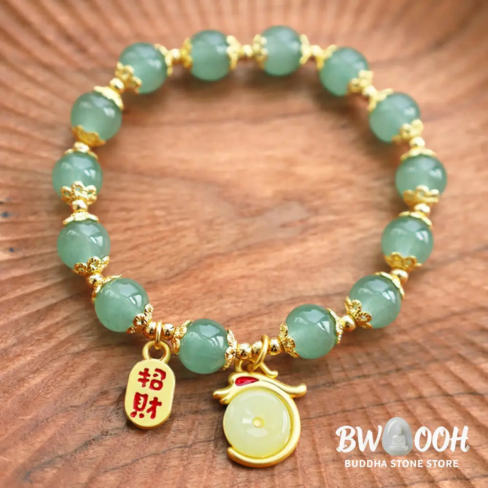 Buddha Stones Year of the Dragon Red Agate Green Aventurine Peace Buckle Fu Character Lucky Fortune Bracelet - BWOOOH