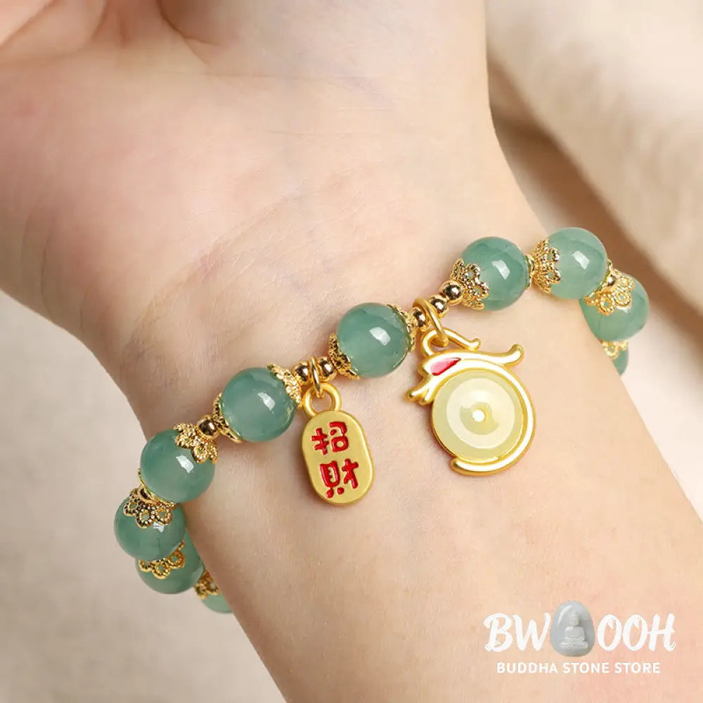 Buddha Stones Year of the Dragon Red Agate Green Aventurine Peace Buckle Fu Character Lucky Fortune Bracelet - BWOOOH