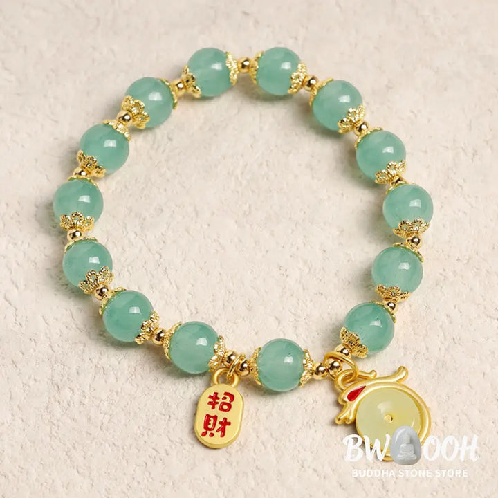Buddha Stones Year of the Dragon Red Agate Green Aventurine Peace Buckle Fu Character Lucky Fortune Bracelet - BWOOOH