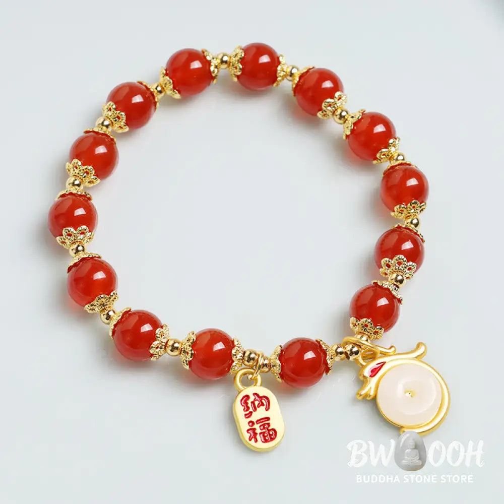 Buddha Stones Year of the Dragon Red Agate Green Aventurine Peace Buckle Fu Character Lucky Fortune Bracelet - BWOOOH