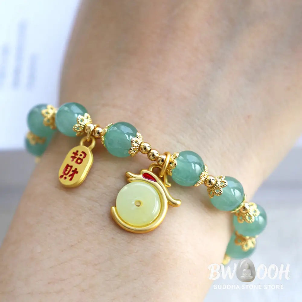 Buddha Stones Year of the Dragon Red Agate Green Aventurine Peace Buckle Fu Character Lucky Fortune Bracelet - BWOOOH