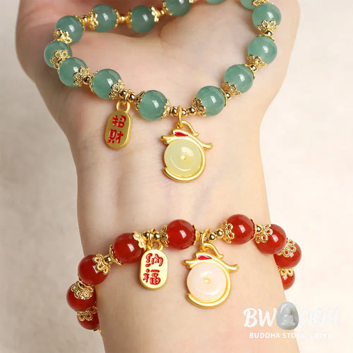 Buddha Stones Year of the Dragon Red Agate Green Aventurine Peace Buckle Fu Character Lucky Fortune Bracelet - BWOOOH