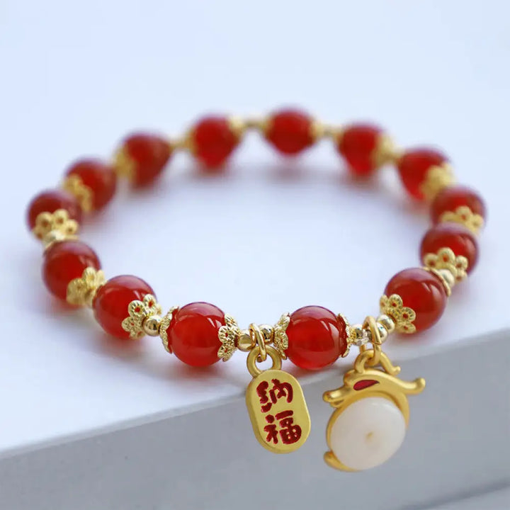 Buddha Stones Year of the Dragon Red Agate Green Aventurine Peace Buckle Fu Character Lucky Fortune Bracelet - BWOOOH