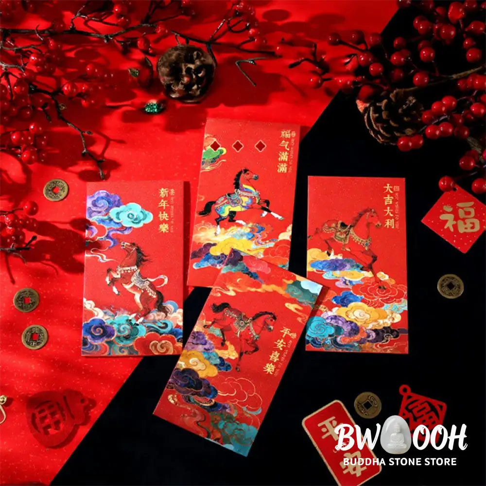 Buddha Stones Year Of The Horse 2026 New Year Blessings 6pcs Chinese Red Envelope - Red Envelope