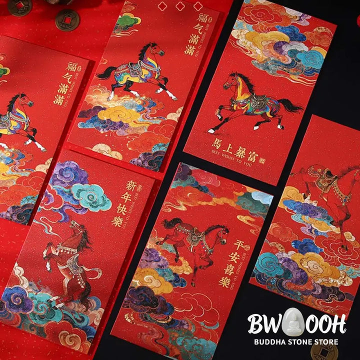 Buddha Stones Year Of The Horse 2026 New Year Blessings 6pcs Chinese Red Envelope - Red Envelope