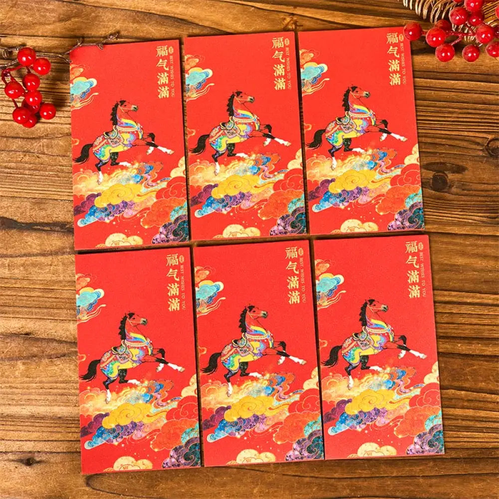 Buddha Stones Year Of The Horse 2026 New Year Blessings 6pcs Chinese Red Envelope - Full Of Blessings Red Envelope