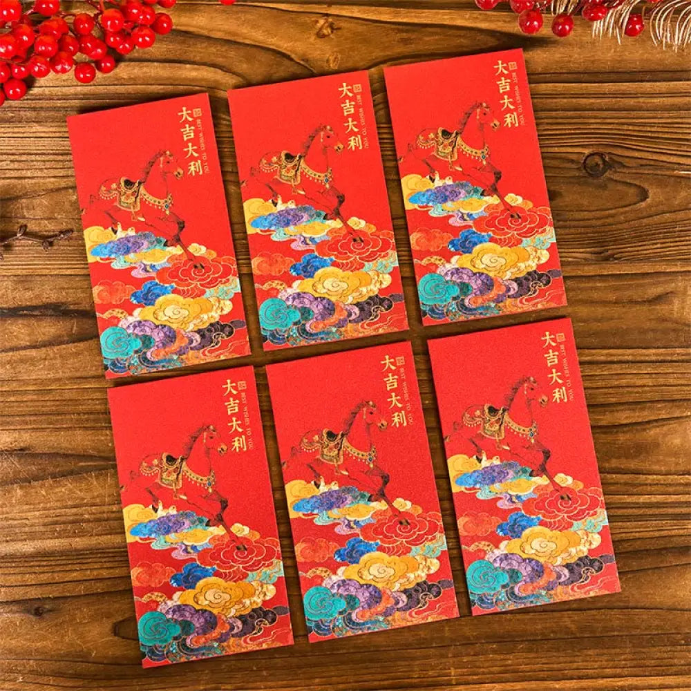 Buddha Stones Year Of The Horse 2026 New Year Blessings 6pcs Chinese Red Envelope - Good Luck Red Envelope - Red