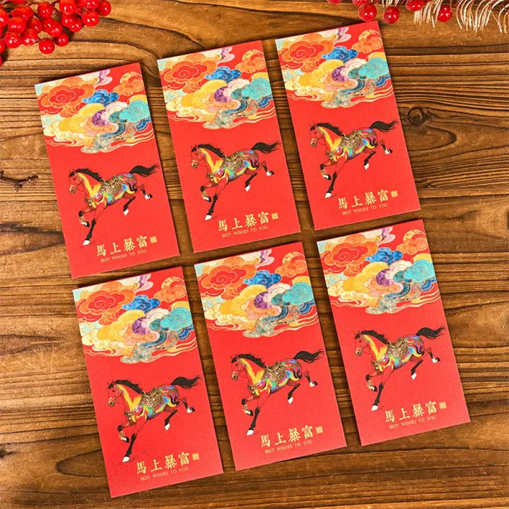 Buddha Stones Year Of The Horse 2026 New Year Blessings 6pcs Chinese Red Envelope - Instant Great Wealth Red Envelope