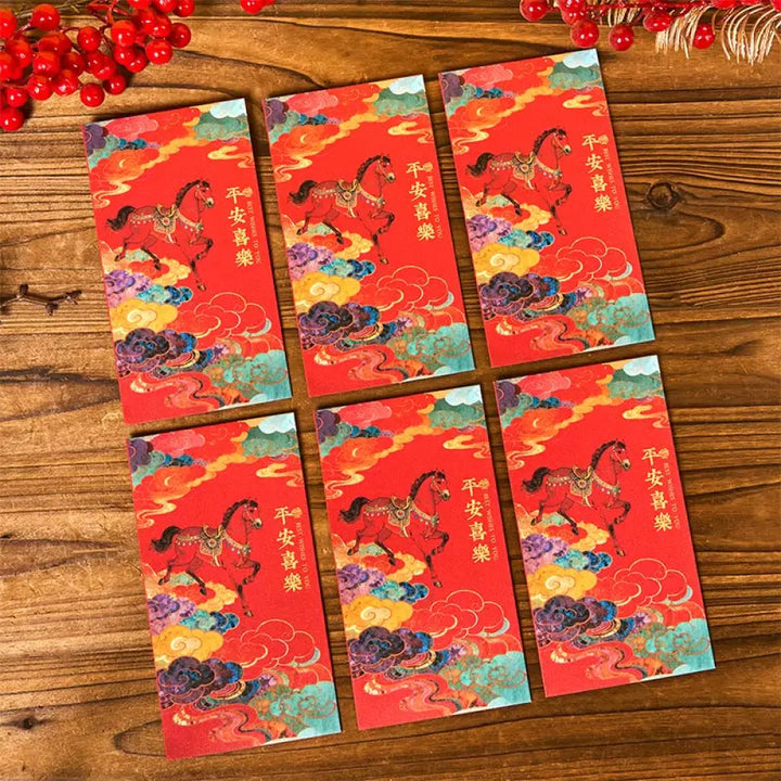 Buddha Stones Year Of The Horse 2026 New Year Blessings 6pcs Chinese Red Envelope - Peace And Joy Red Envelope - Red