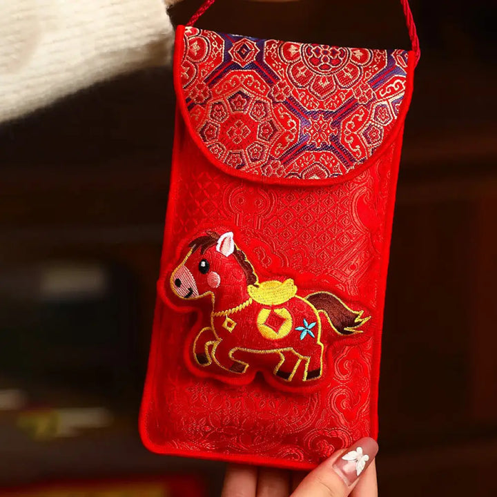 Buddha Stones Year Of The Horse 2026 New Year Fu Character Lucky Embroidery Chinese Red Envelope - Red Top Ingot