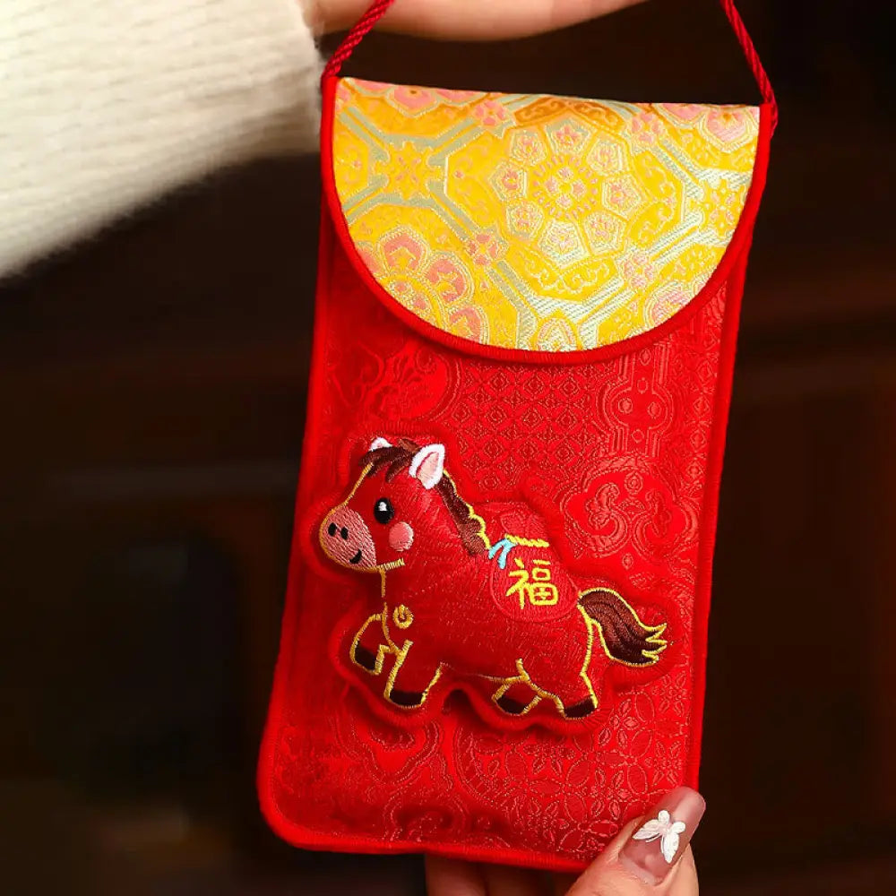 Buddha Stones Year Of The Horse 2026 New Year Fu Character Lucky Embroidery Chinese Red Envelope - Yellow Top Fu