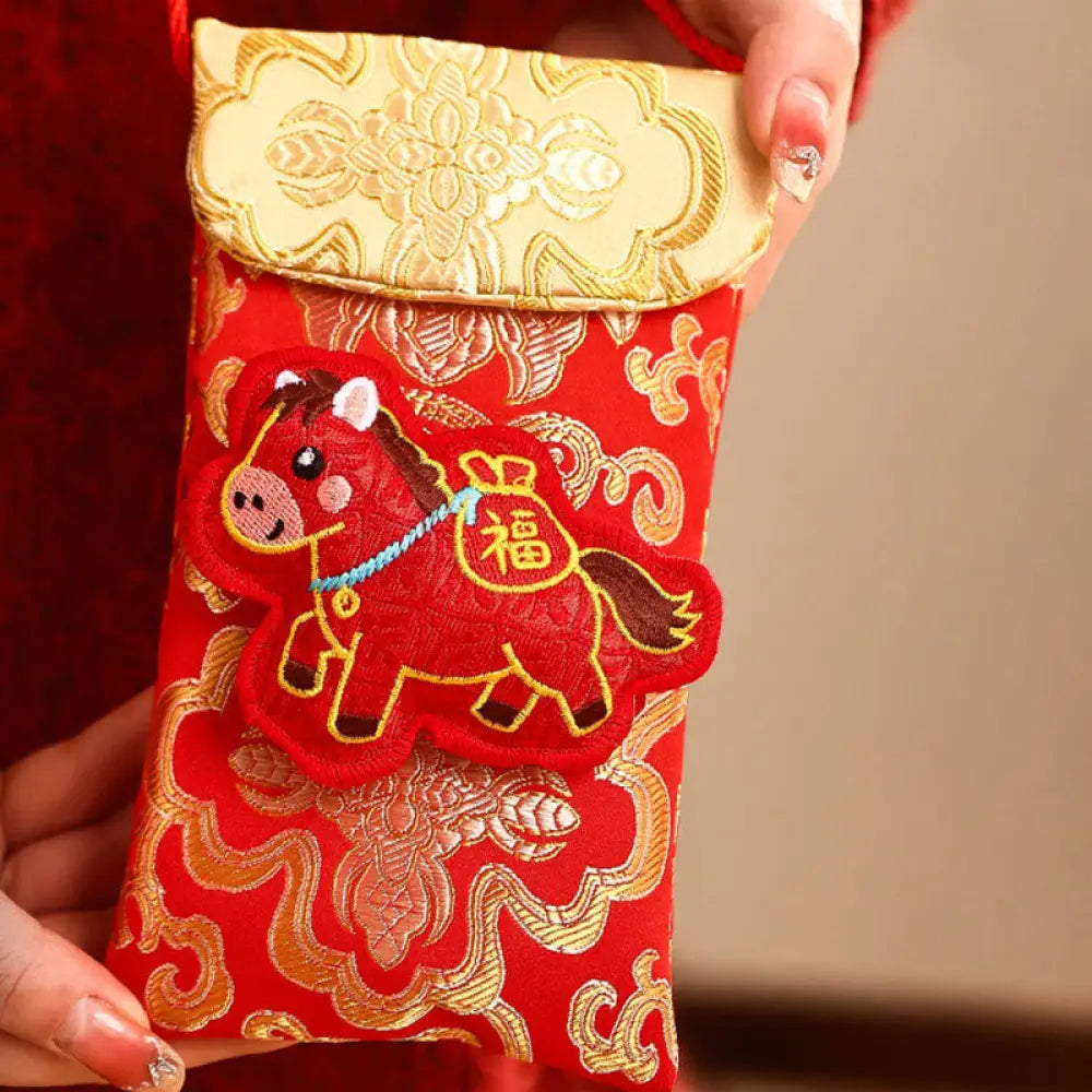 Buddha Stones Year Of The Horse 2026 New Year Fu Character Lucky Embroidery Chinese Red Envelope - Yellow Top Fu