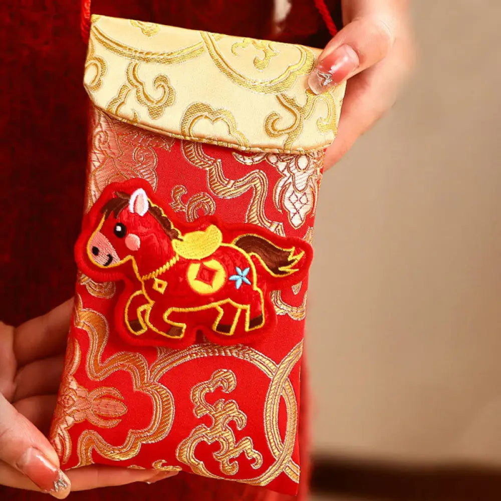 Buddha Stones Year Of The Horse 2026 New Year Fu Character Lucky Embroidery Chinese Red Envelope - Yellow Top Ingot