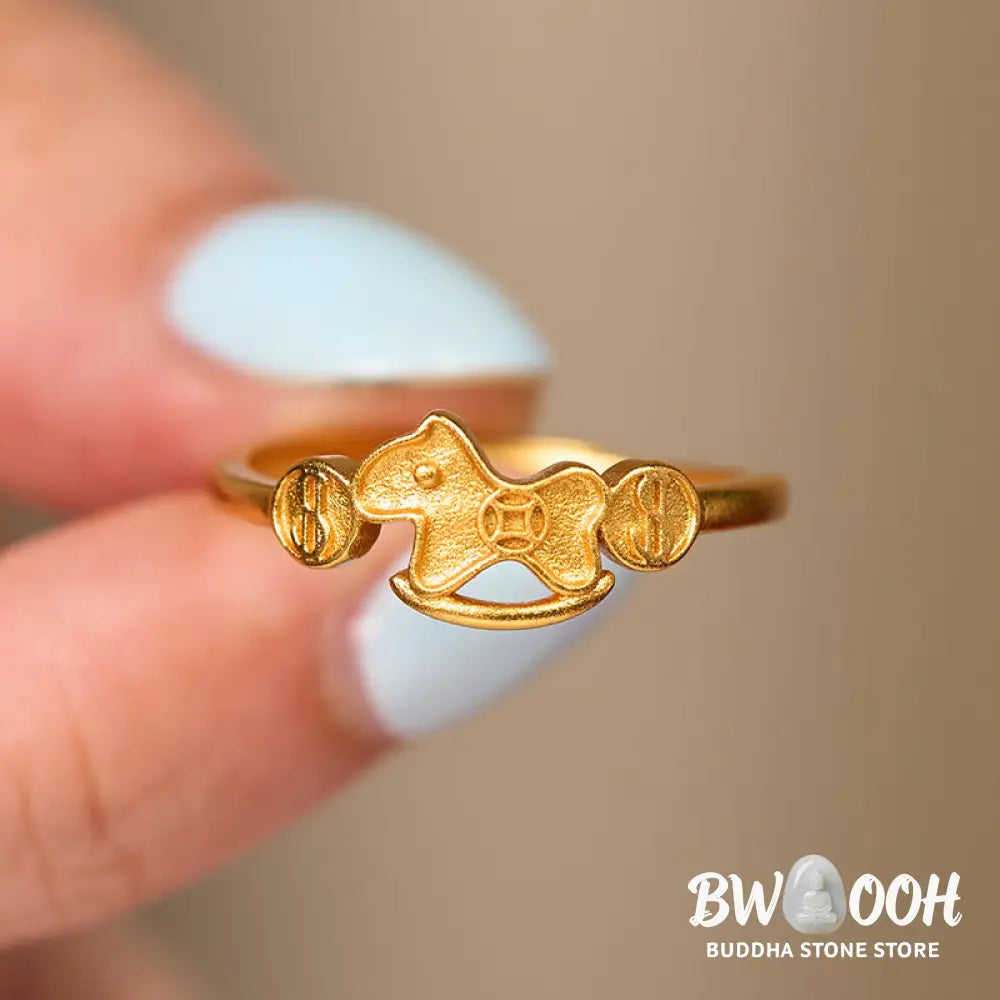 Buddha Stones Year Of The Horse 24k Gold Plated Brass Copper Coin Adjustable Ring - Adjustable - Ring