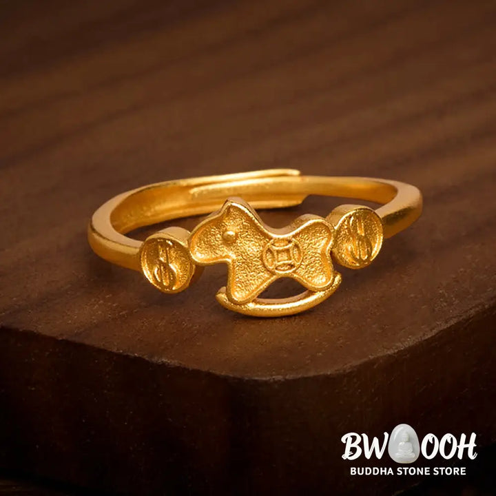 Buddha Stones Year Of The Horse 24k Gold Plated Brass Copper Coin Adjustable Ring - Adjustable - Ring