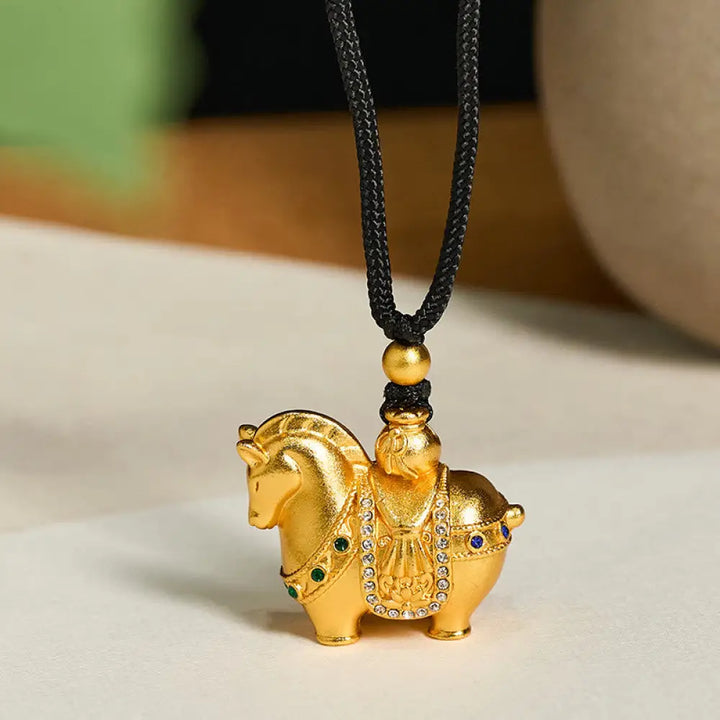 Buddha Stones Year Of The Horse 24k Gold Plated Brass Rope Cord Necklace Pendant - BWOOOH - Horse Black Rope(Length: