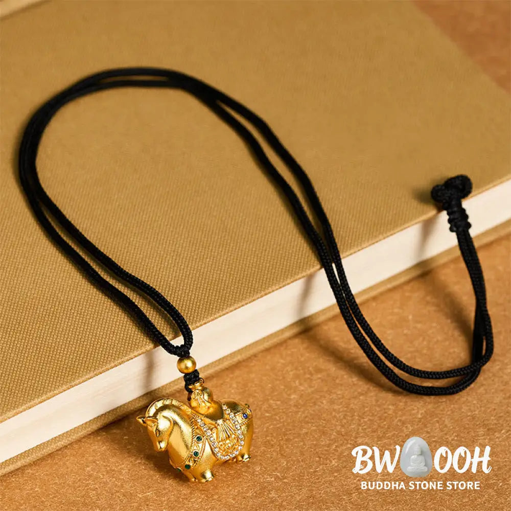 Buddha Stones Year Of The Horse 24k Gold Plated Brass Rope Cord Necklace Pendant - BWOOOH - Necklaces &amp; Pendants