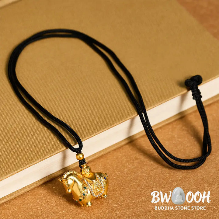 Buddha Stones Year Of The Horse 24k Gold Plated Brass Rope Cord Necklace Pendant - BWOOOH - Necklaces &amp; Pendants