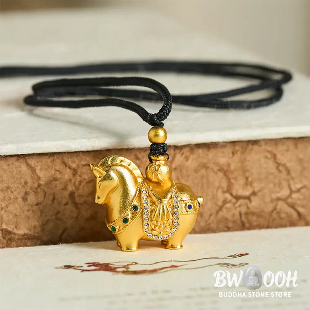 Buddha Stones Year Of The Horse 24k Gold Plated Brass Rope Cord Necklace Pendant - BWOOOH - Necklaces & Pendants