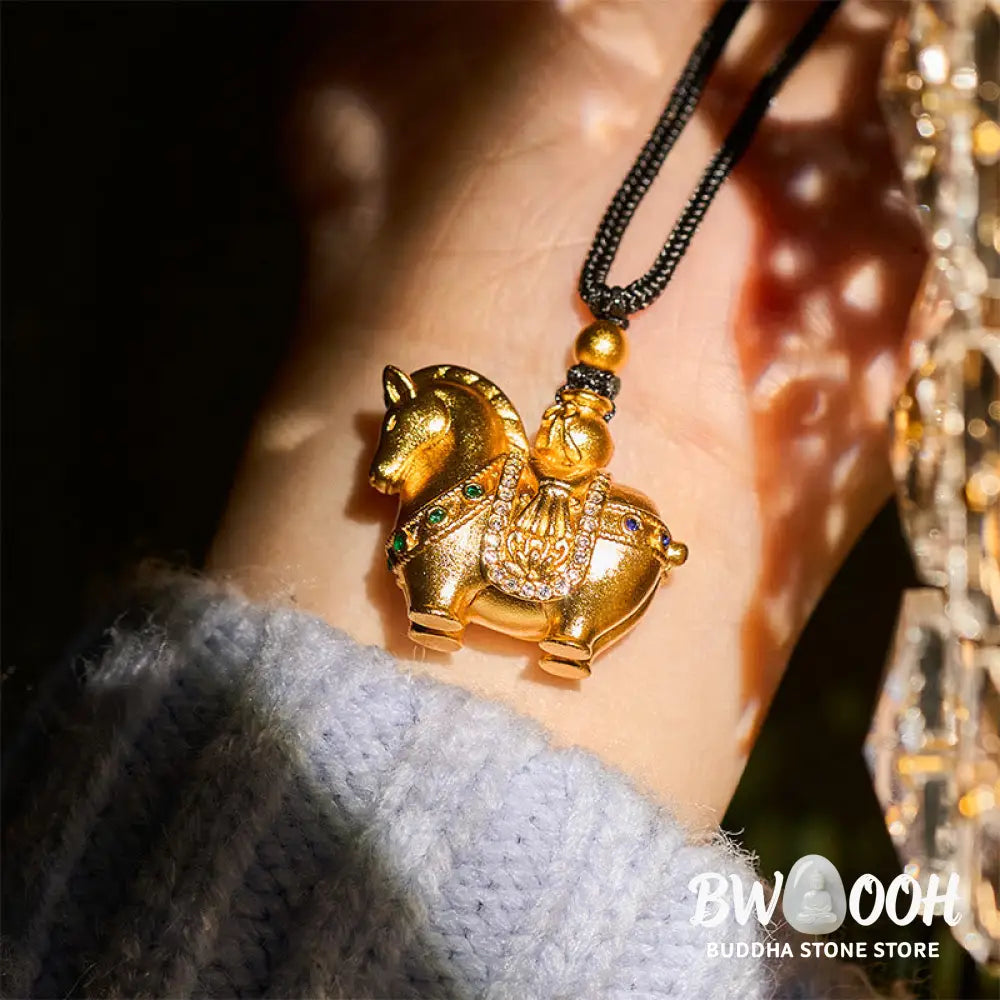 Buddha Stones Year Of The Horse 24k Gold Plated Brass Rope Cord Necklace Pendant - BWOOOH - Necklaces &amp; Pendants