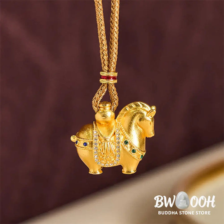 Buddha Stones Year Of The Horse 24k Gold Plated Brass Rope Cord Necklace Pendant - BWOOOH - Necklaces &amp; Pendants