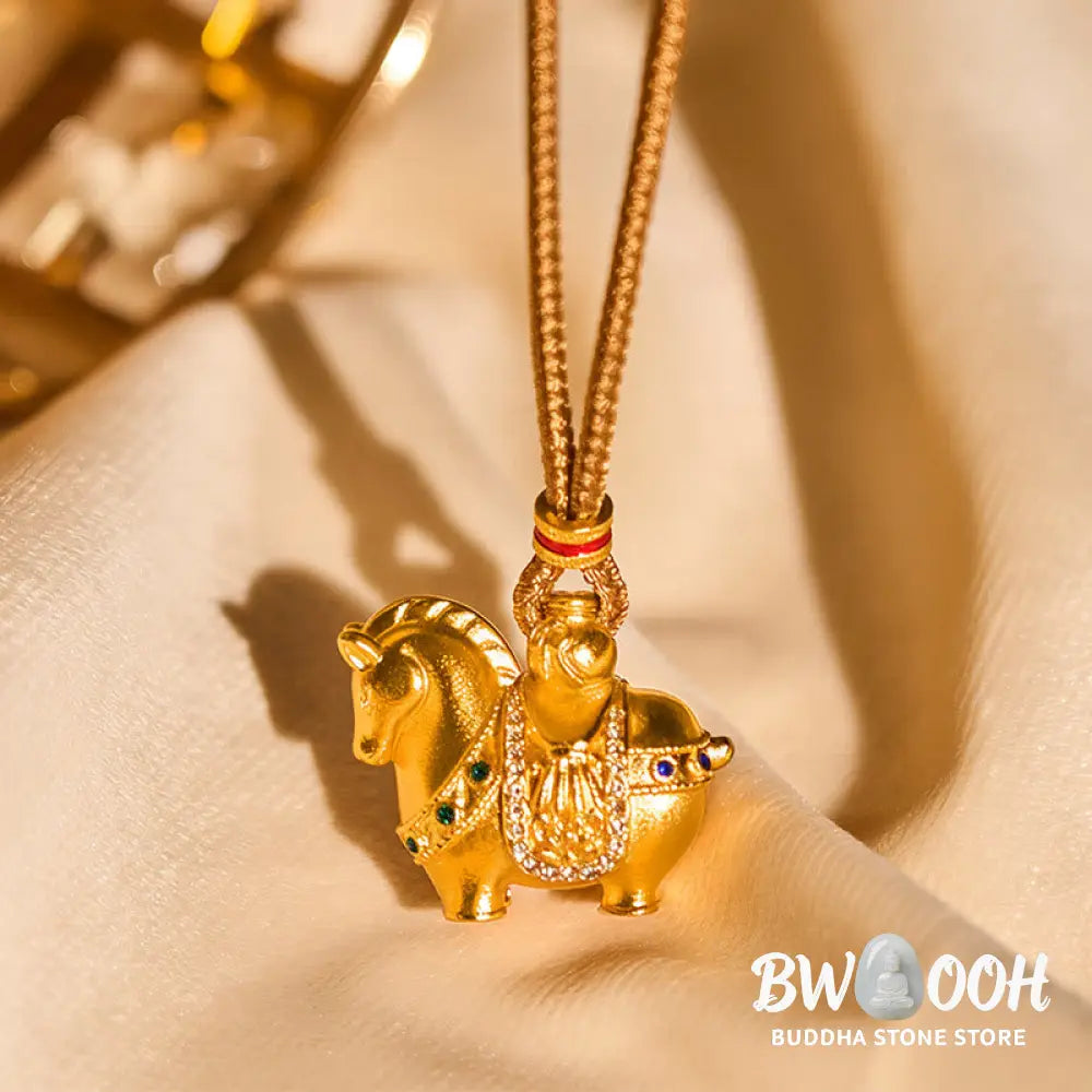 Buddha Stones Year Of The Horse 24k Gold Plated Brass Rope Cord Necklace Pendant - BWOOOH - Necklaces &amp; Pendants