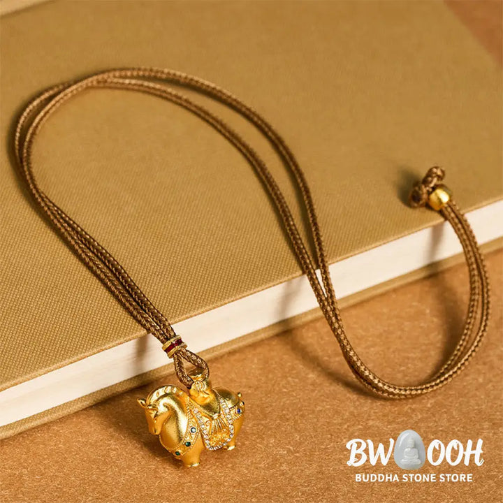 Buddha Stones Year Of The Horse 24k Gold Plated Brass Rope Cord Necklace Pendant - BWOOOH - Necklaces &amp; Pendants