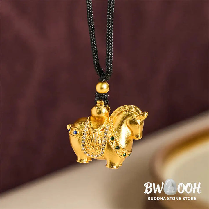 Buddha Stones Year Of The Horse 24k Gold Plated Brass Rope Cord Necklace Pendant - BWOOOH - Necklaces &amp; Pendants