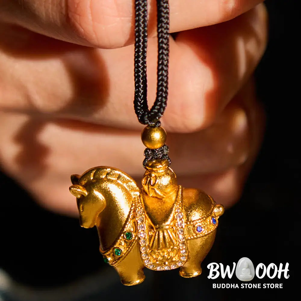 Buddha Stones Year Of The Horse 24k Gold Plated Brass Rope Cord Necklace Pendant - BWOOOH - Necklaces &amp; Pendants