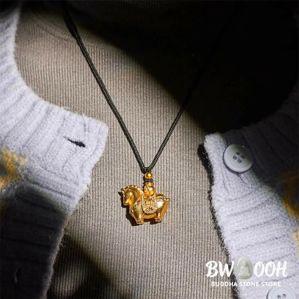 Buddha Stones Year Of The Horse 24k Gold Plated Brass Rope Cord Necklace Pendant - BWOOOH - Necklaces &amp; Pendants