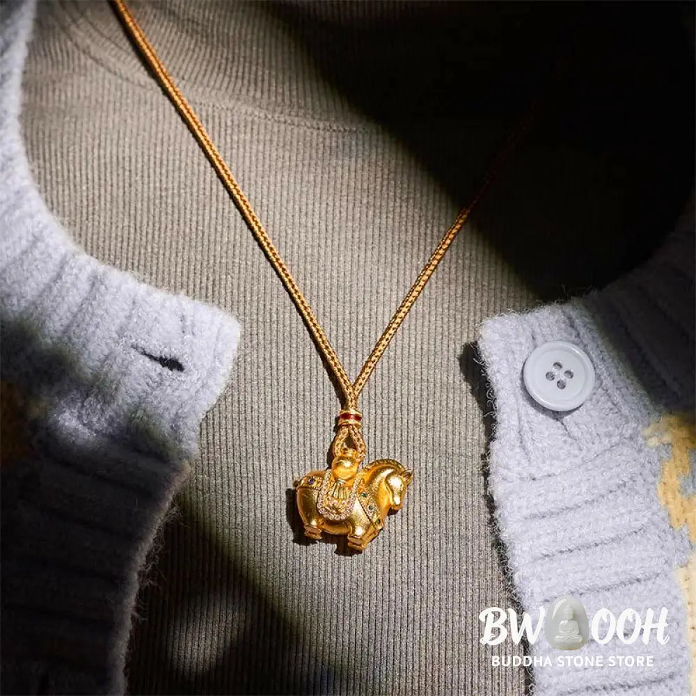 Buddha Stones Year Of The Horse 24k Gold Plated Brass Rope Cord Necklace Pendant - BWOOOH - Necklaces &amp; Pendants