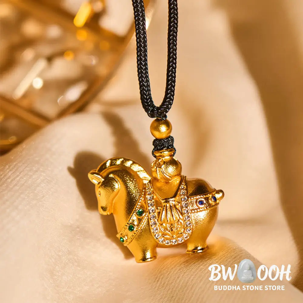 Buddha Stones Year Of The Horse 24k Gold Plated Brass Rope Cord Necklace Pendant - BWOOOH - Necklaces &amp; Pendants